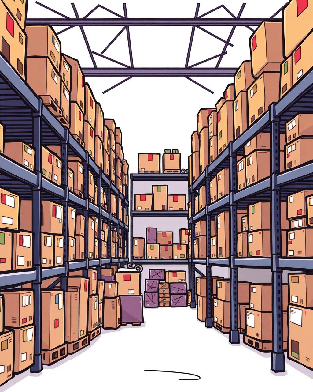 Cartoon illustration of wholesale warehouse shelves lined with stacked carton boxes